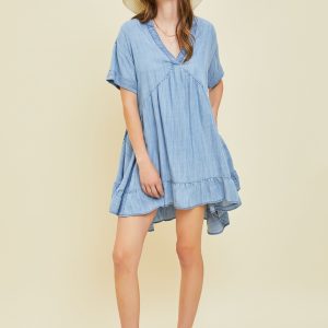 Washed Denim Chambray Mini Dress Flowy A Line